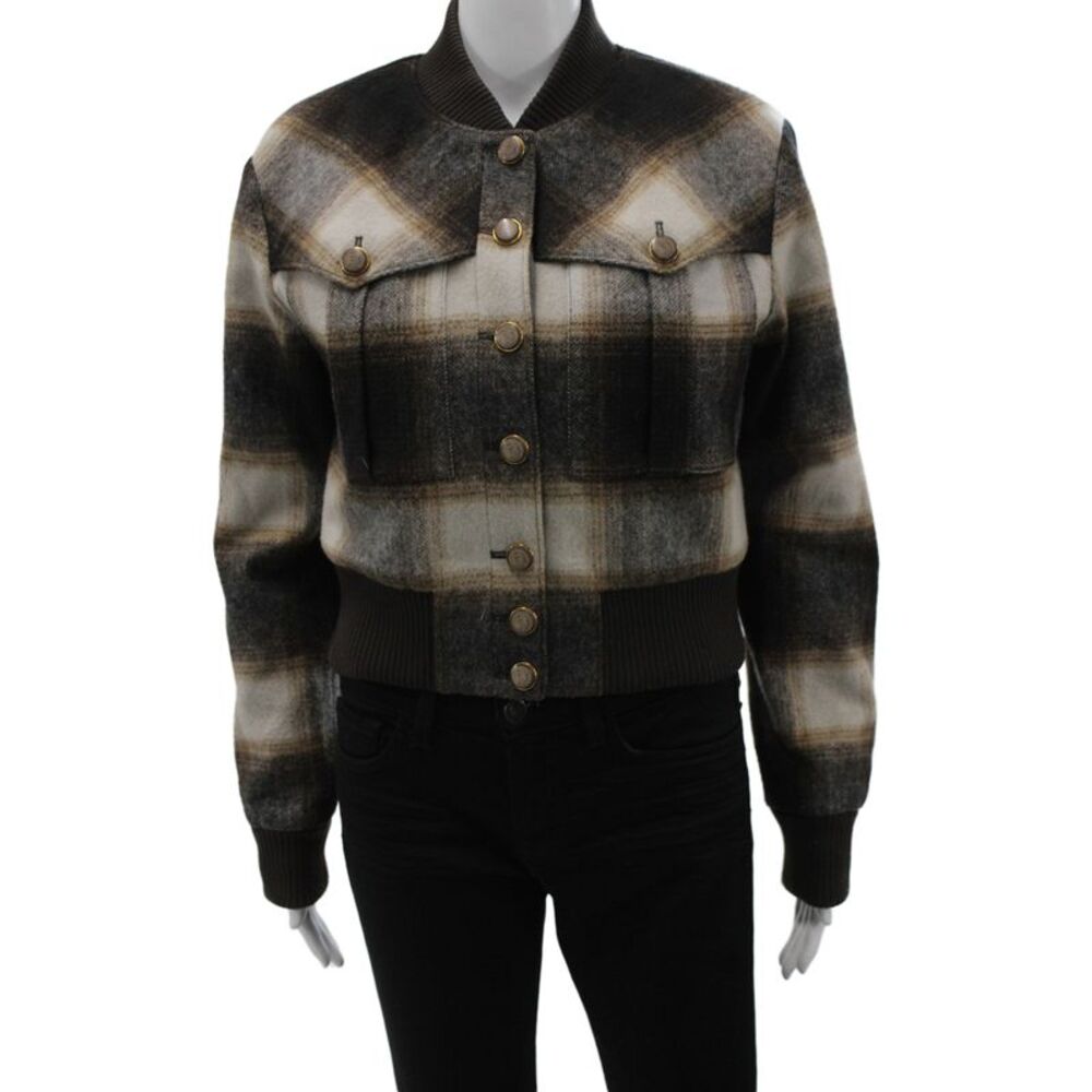 Veronica Beard Womens Bomber Jacket Brown Plaid Wool Western Size 00